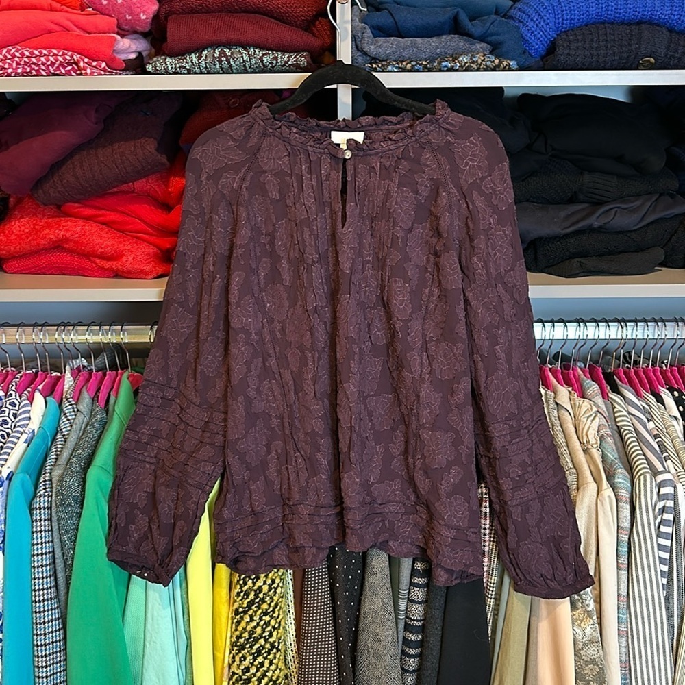 J. Jill purple with lace overlay long sleeve front keyhole closure blouse size L